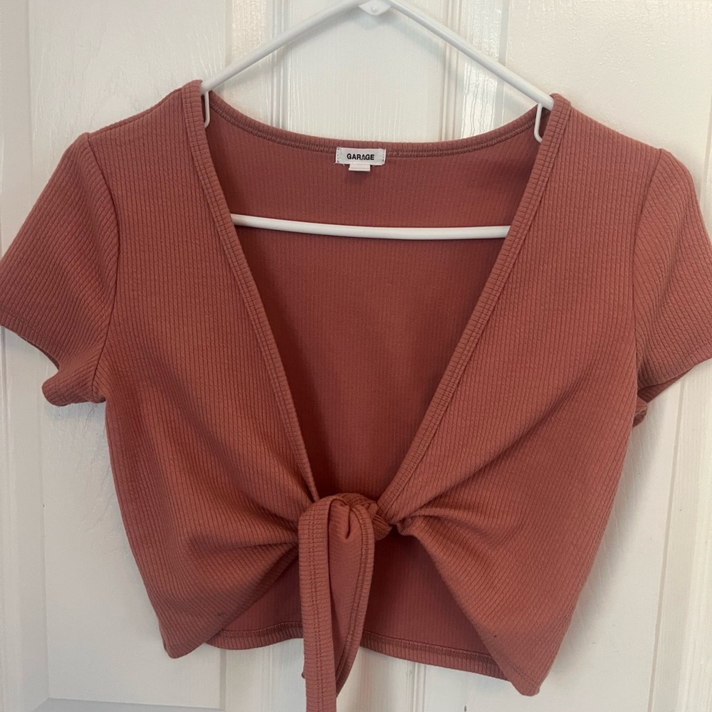 Garage Garage Ribbed V-Neck Tie-Front Crop Top Blouse Size Petite Small